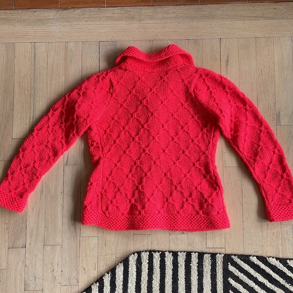 Vintage Vtg Handmade Knit Cardigan Sweater w/ Pockets Neon Coral Crochet - Picture 3 of 5